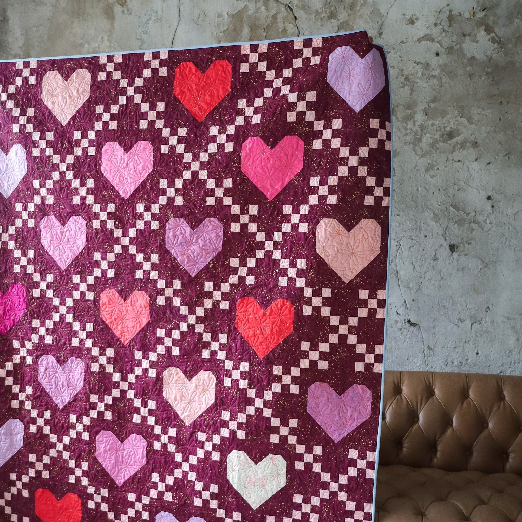 partial view of finished Speckled Heirloom Hearts quilt