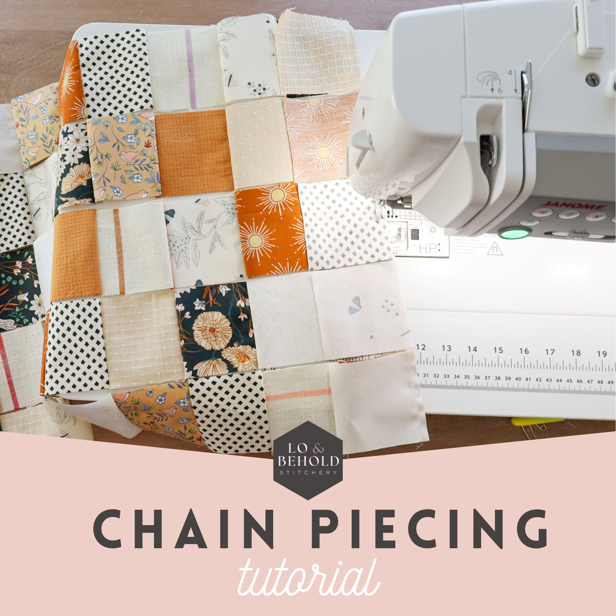 chain pieced rows being seen on a sewing machine with text "chain piecing tutorial"