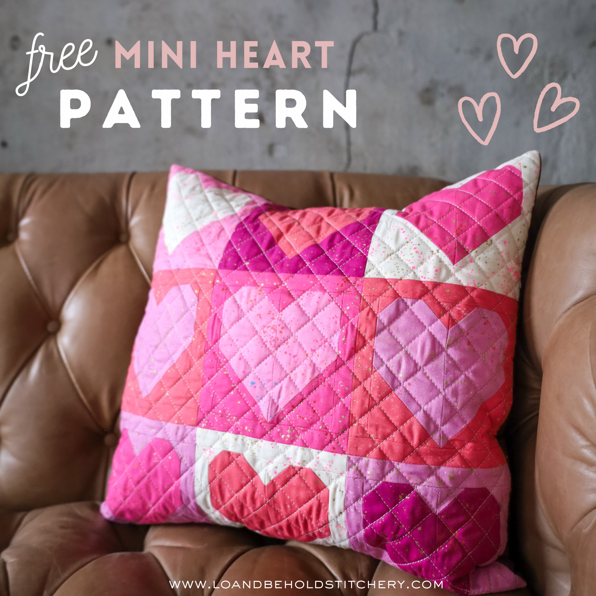 quilted heart pillow with text "free Mini heart pattern"