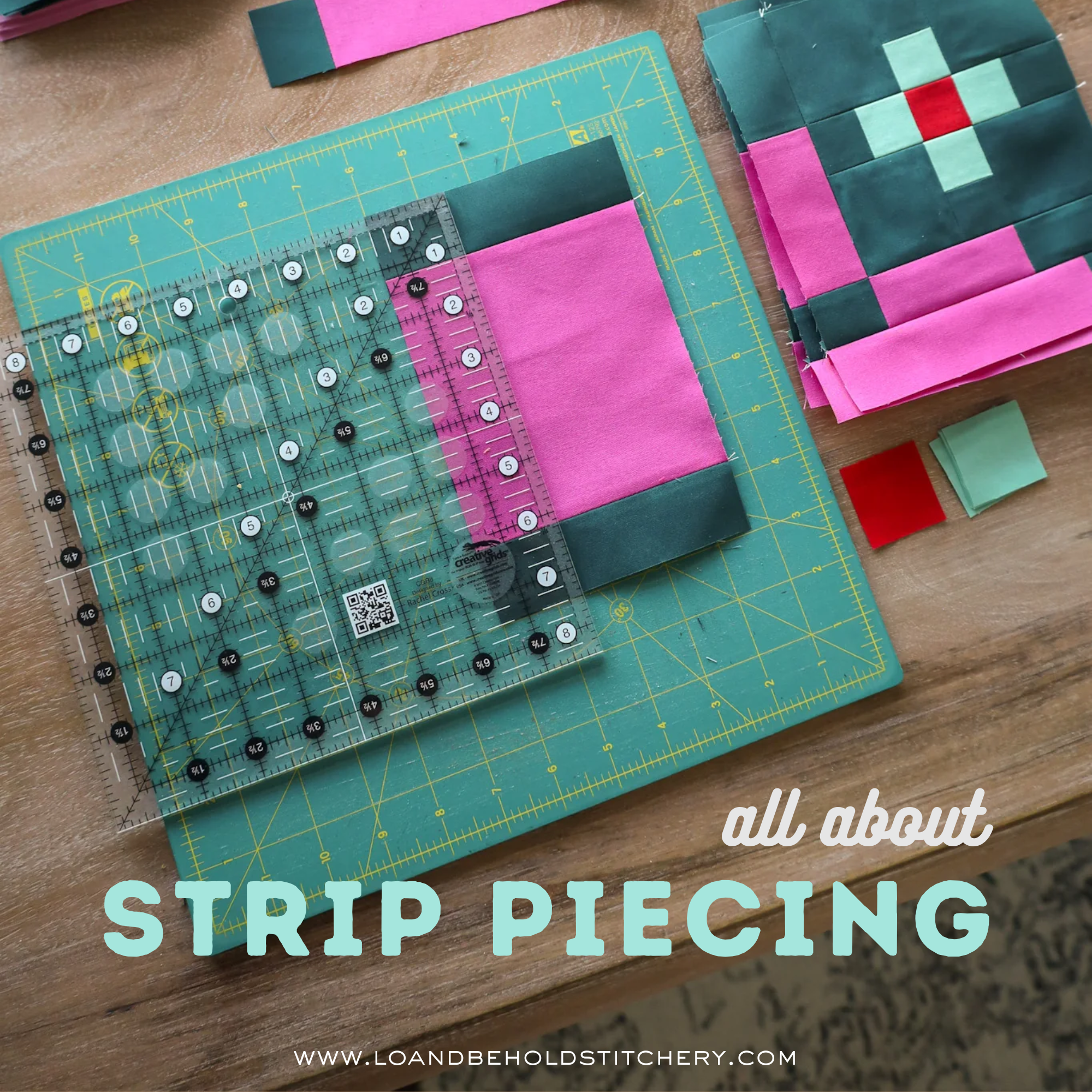 Square ruler placed over width of fabric strips to demonstrate strip piecing.