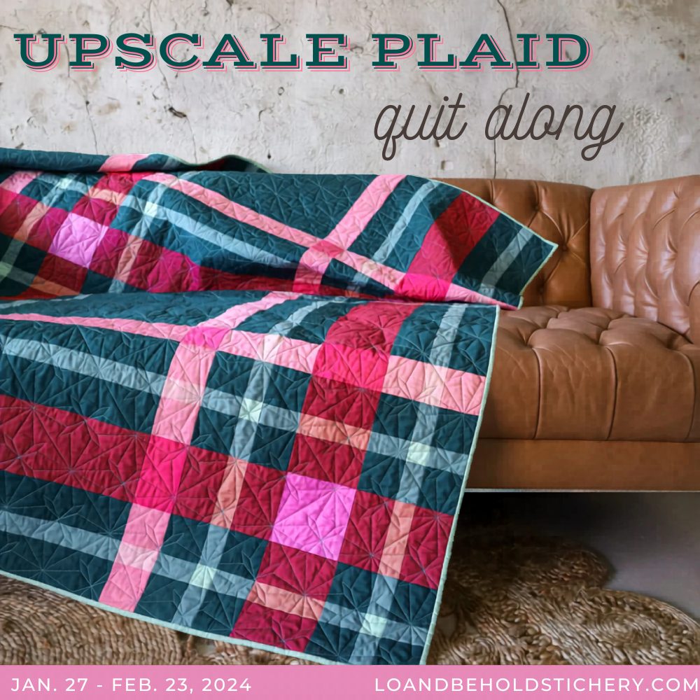 Upscale Plaid draped over couch with text "Upscale Plaid quilt along"