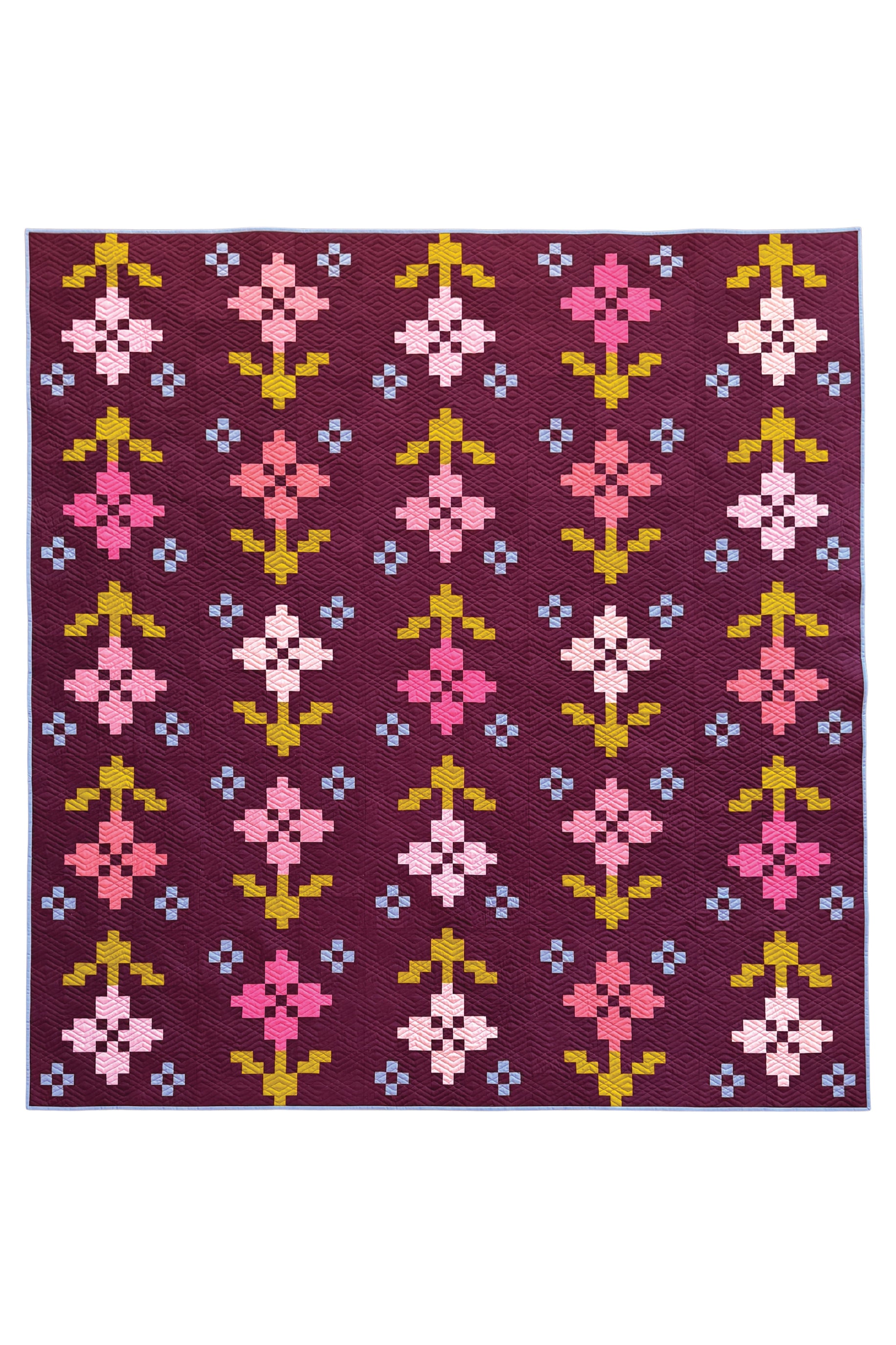 Pansy Patch cover quilt. A quilt pattern by Lo & Behold Stitchery. Nine sizes, 3 colorways, fat quarter friendly.