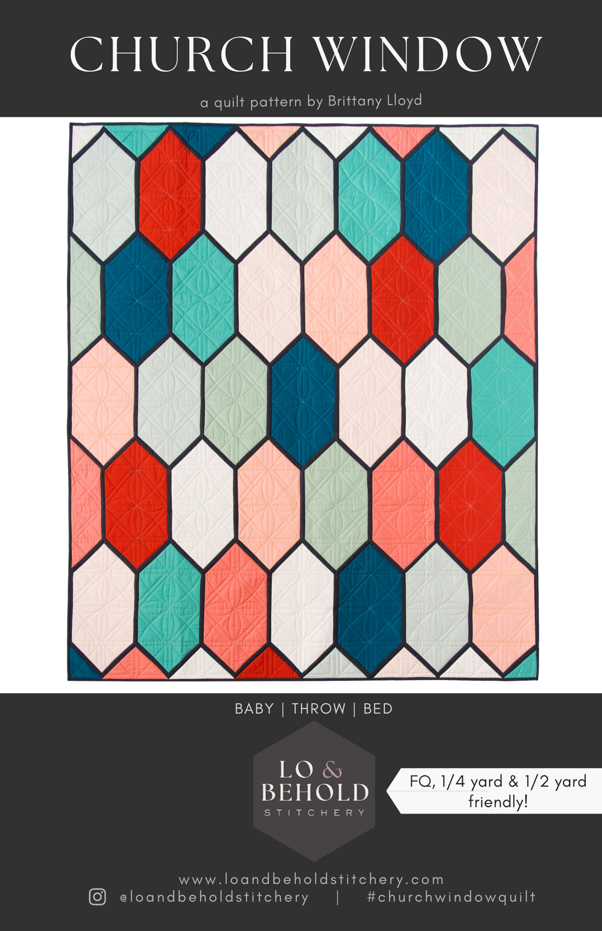 Church Window quilt pattern by Lo & Behold Stitchery featuring a stained glass design with traditional piecing in 3 sizes and is FQ, 1/4 yard, and 1/2 yard friendly. Quilt Sample shown in pinks, blues, and red.