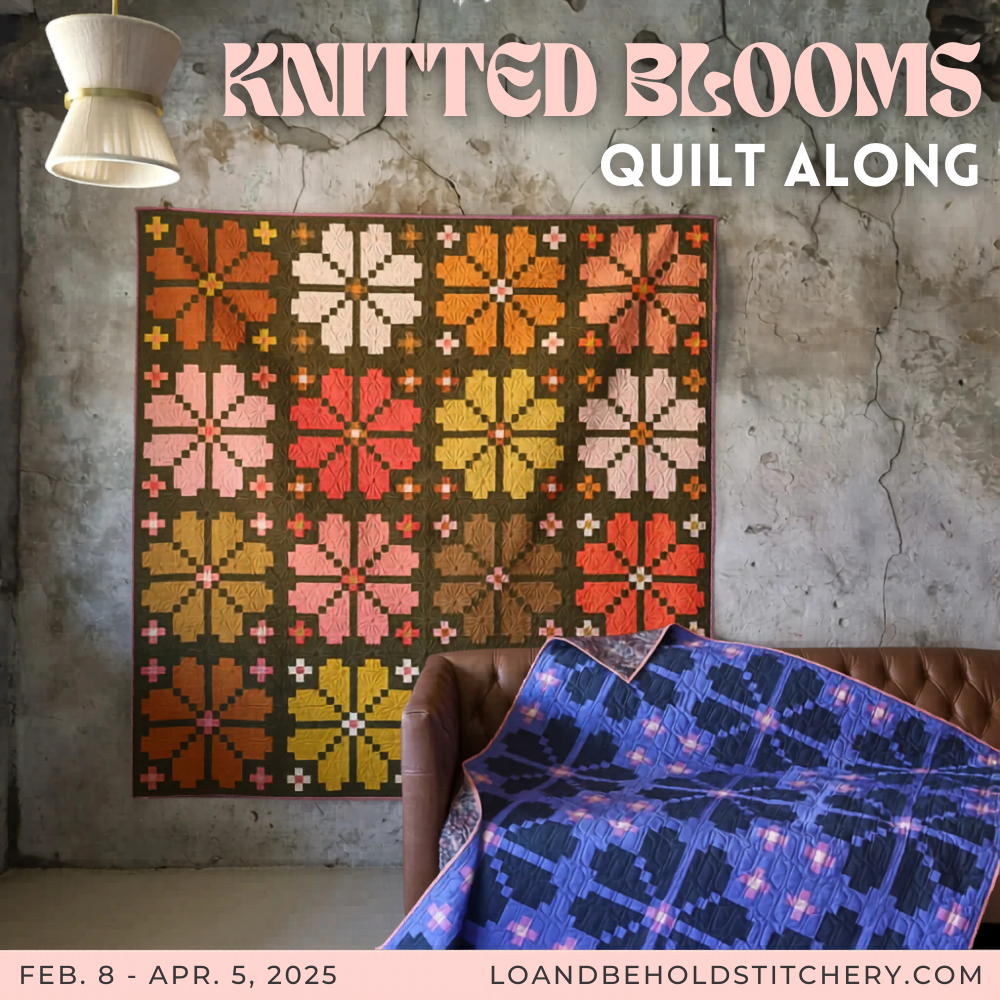 two knitted blooms quilts with text "Knitted Blooms Quilt Along"