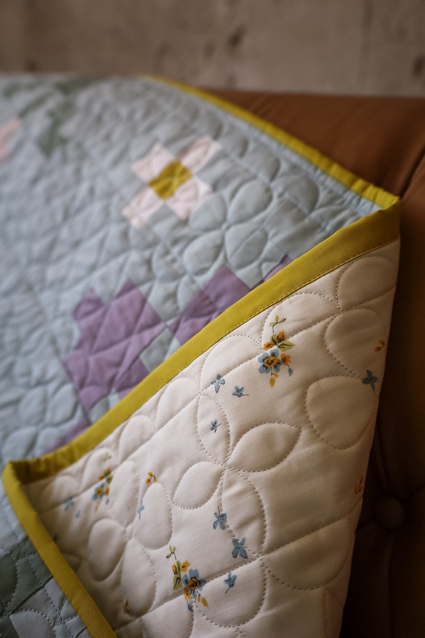 Pansy Patch Forget-me-not quilt sample binding and backing