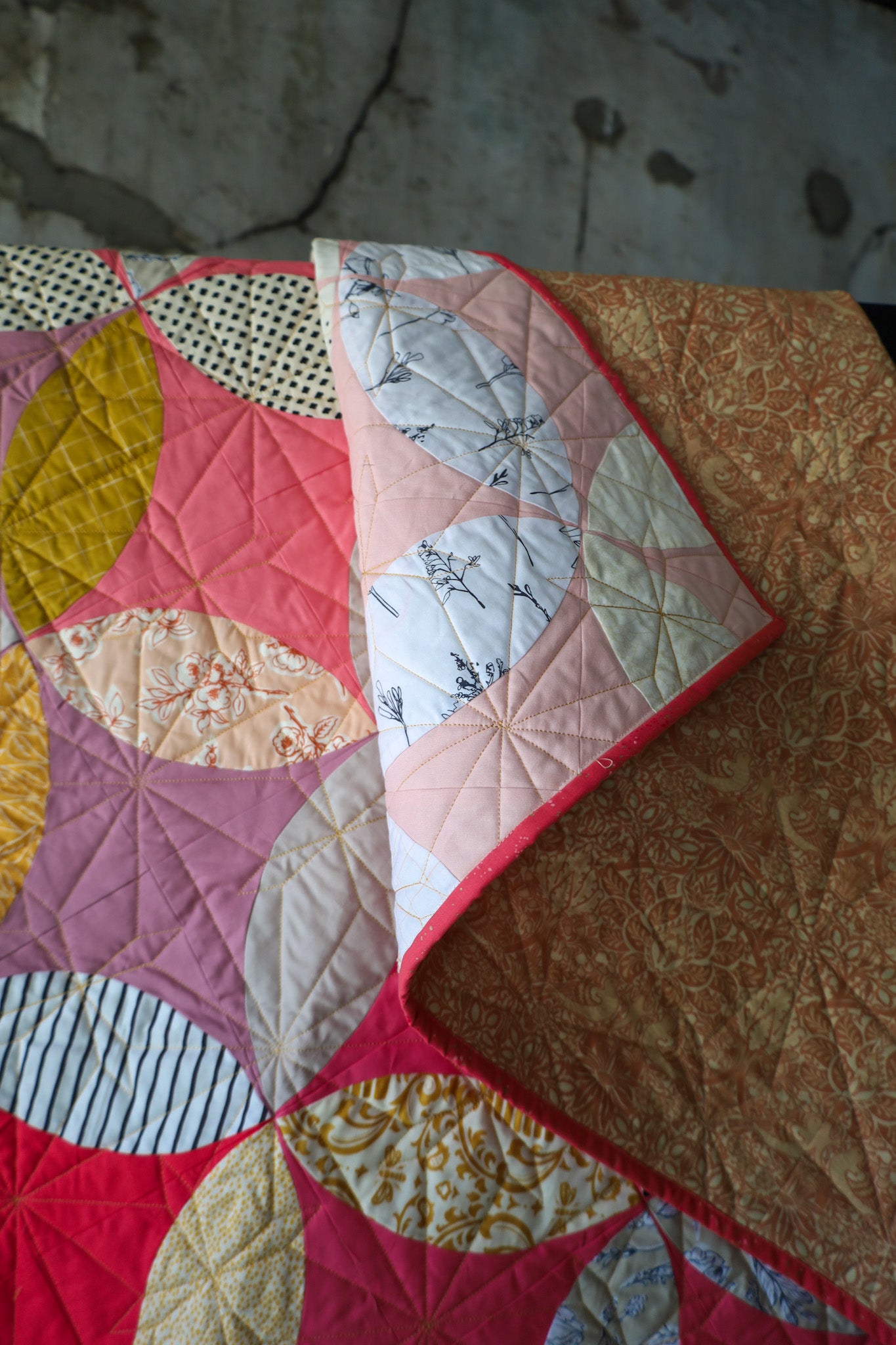 Scrappy Shades of Citrus Handmade Quilt: Throw size