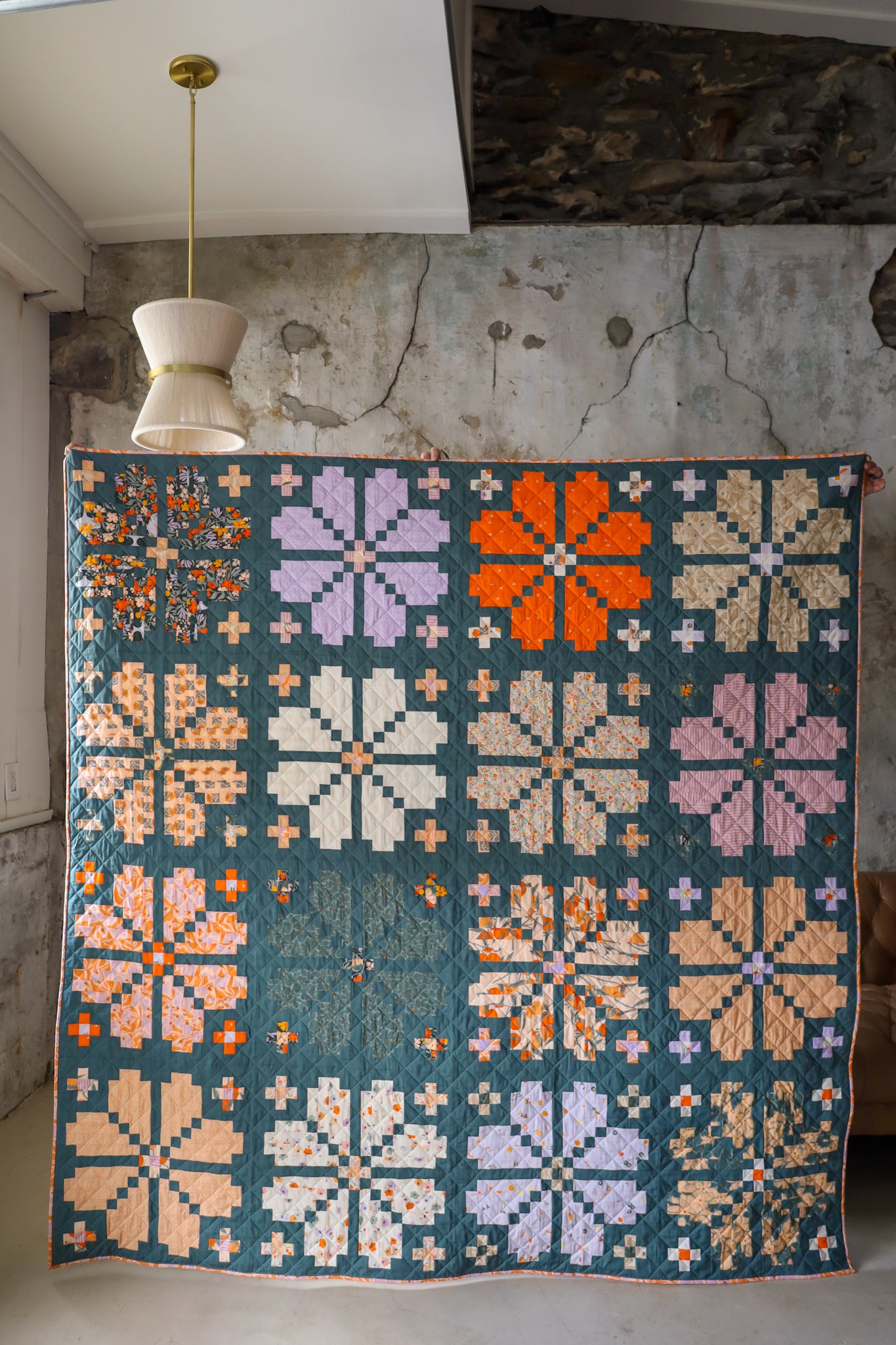 Knitted Blooms • Tangerine • Large Throw Size Quilt Kit