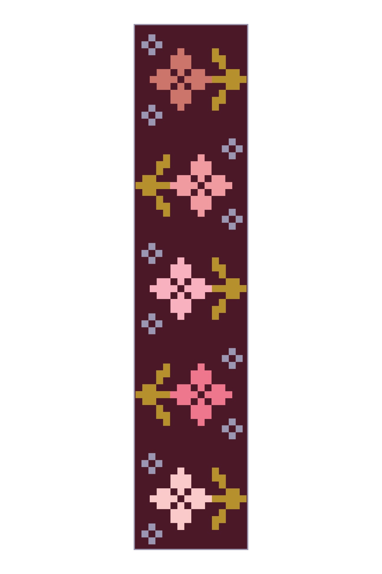 table runner with a pixel flower design in pinks with a darker red-purple background. Grey-purple and yellow accents.