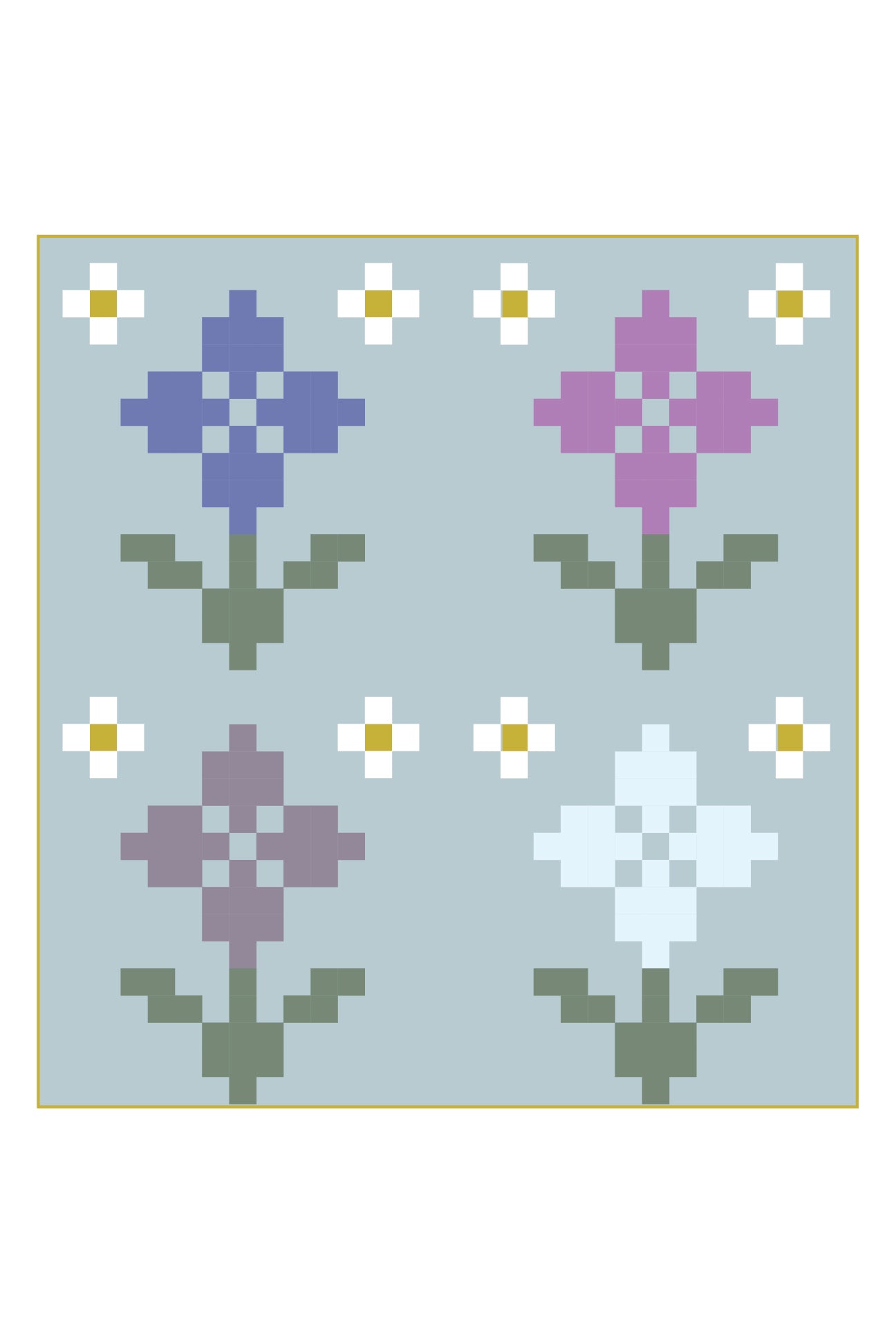 Baby sized quilt with a pixel flower design. Flowers are in shades of blues and purples with green stems, white accent flowers with yellow centers, on a light blue grey background.