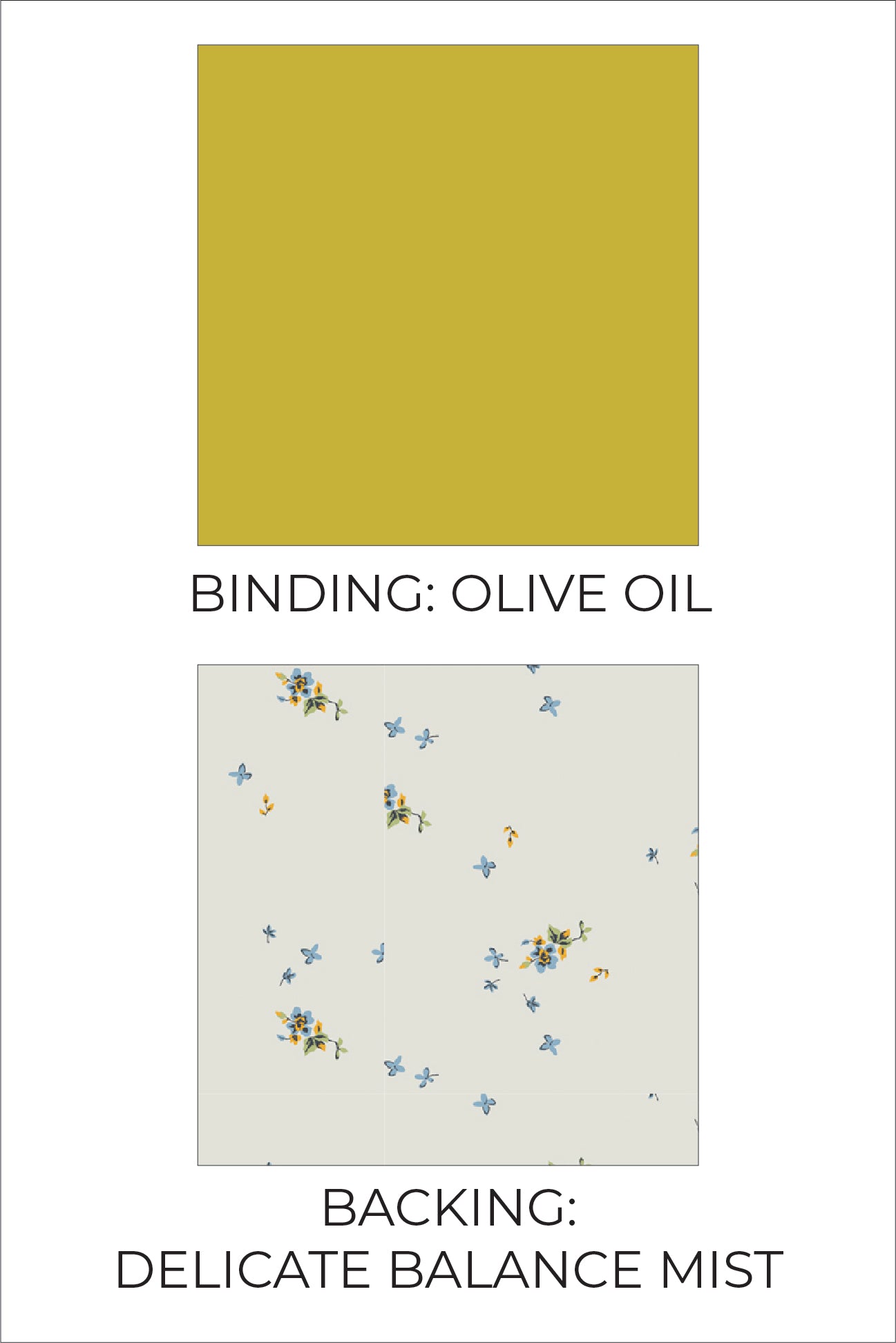 card with text: Optional binding in Olive Oil, a medium yellow with a hint of green and backing in Delicate Balance Mist, a very light blue, floral with hints of yellow and green on a soft white background.