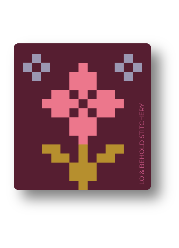 Pansy Patch Block Sticker by Lo & Behold Stitchery. Dark purple background with a medium pink pixel flower and two smaller grey block accent pixel flowers. 