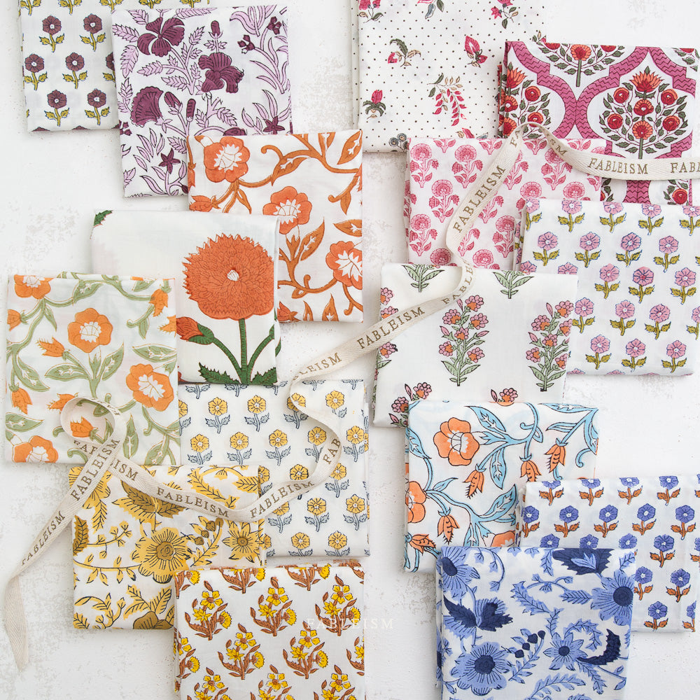 16 FQs from the "Indian Block Print: Cottage" collection of block prints created by artisans in India for Fableism Supply Co.