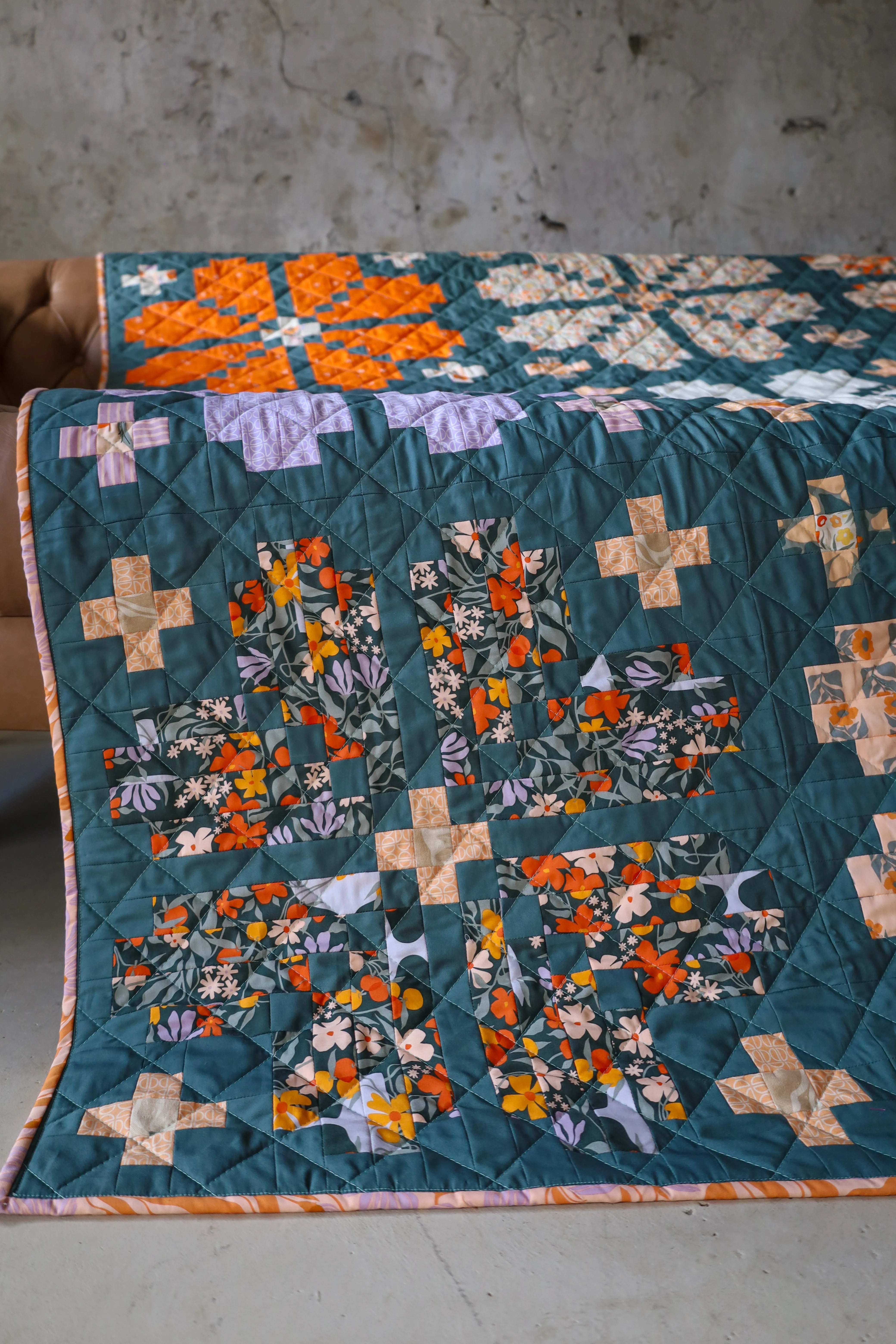 Tangerine Knitted Blooms : Handmade Quilt