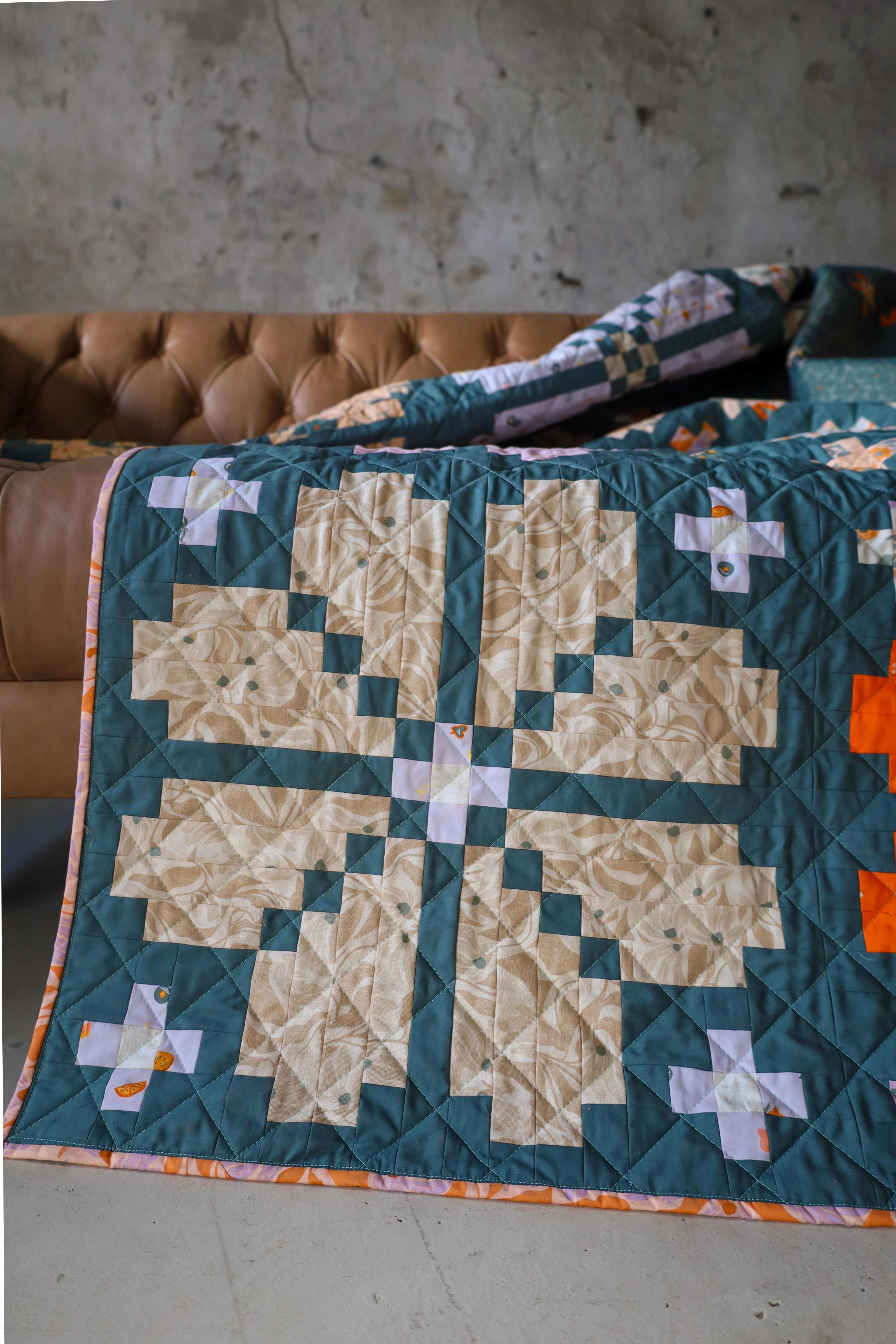 Tangerine Knitted Blooms : Handmade Quilt
