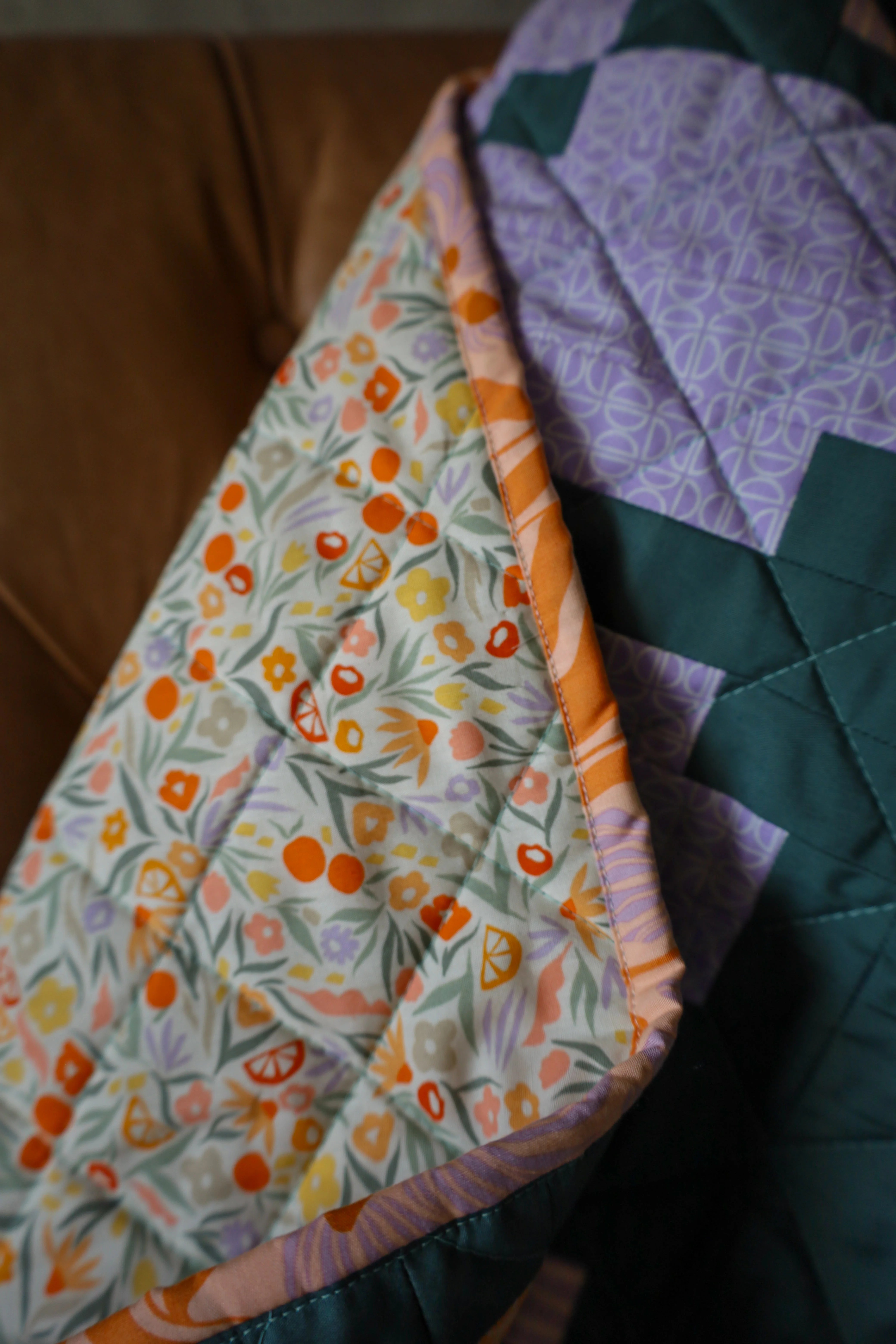 Tangerine Knitted Blooms : Handmade Quilt
