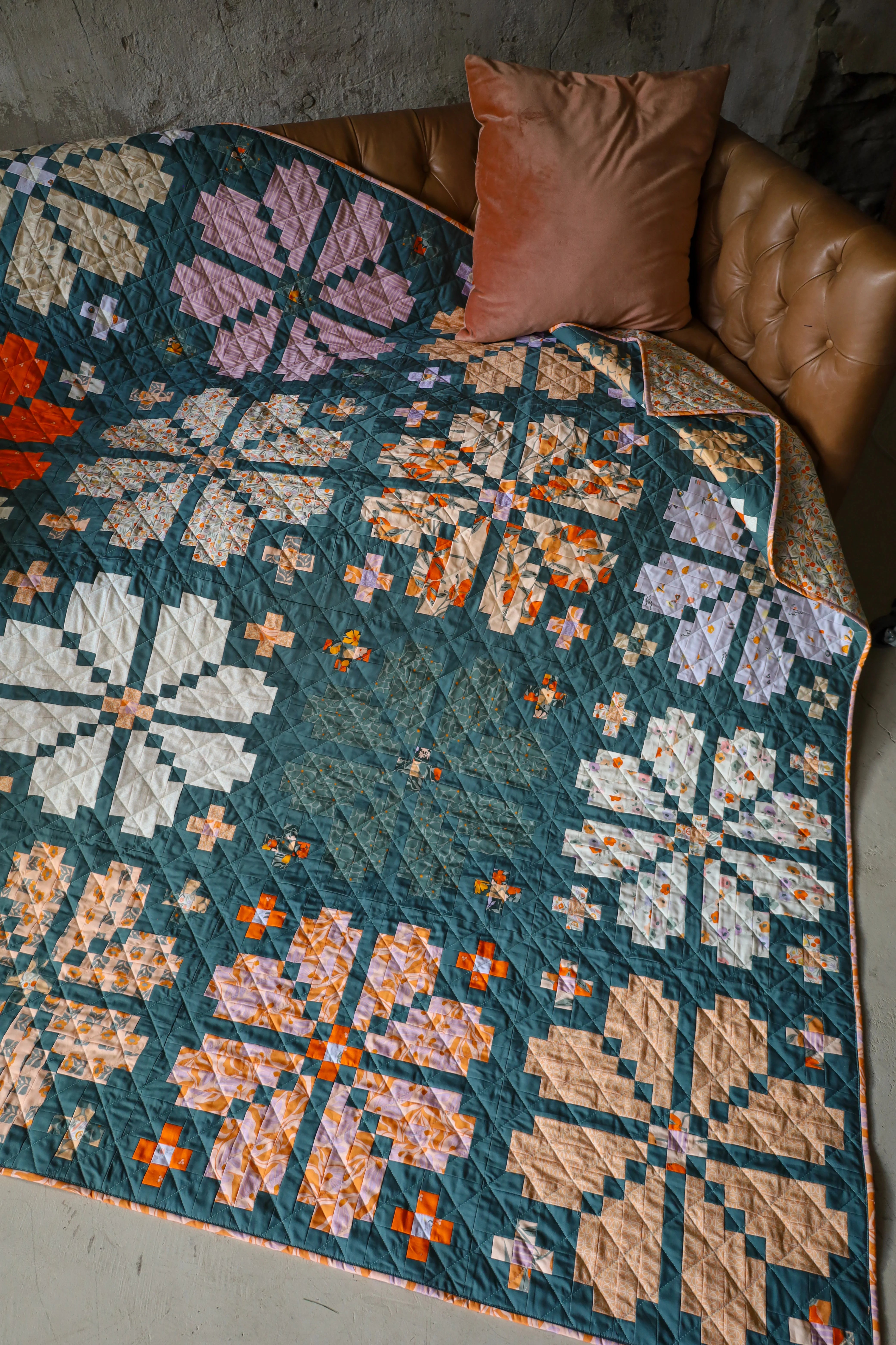 Tangerine Knitted Blooms : Handmade Quilt