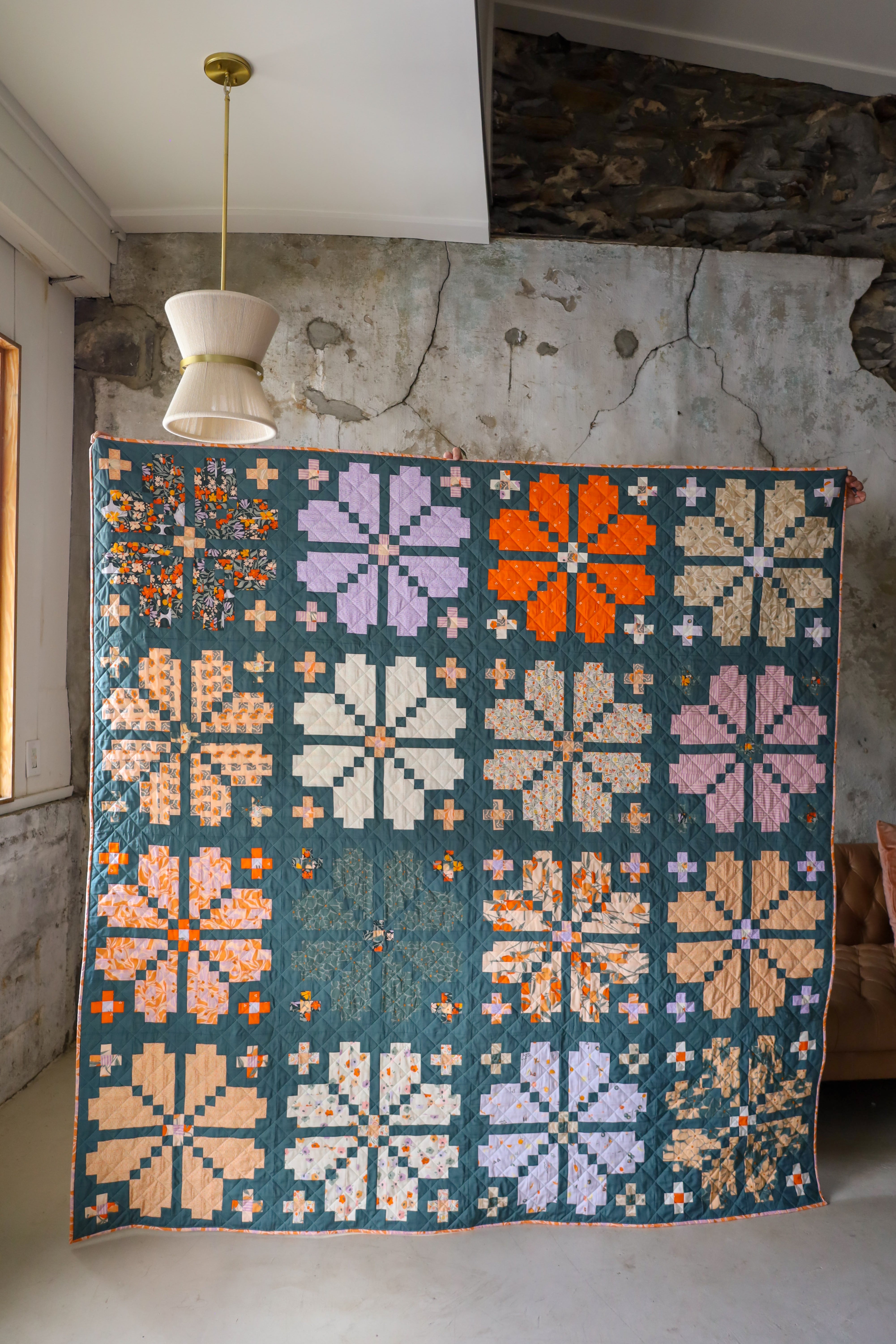 Tangerine Knitted Blooms : Handmade Quilt